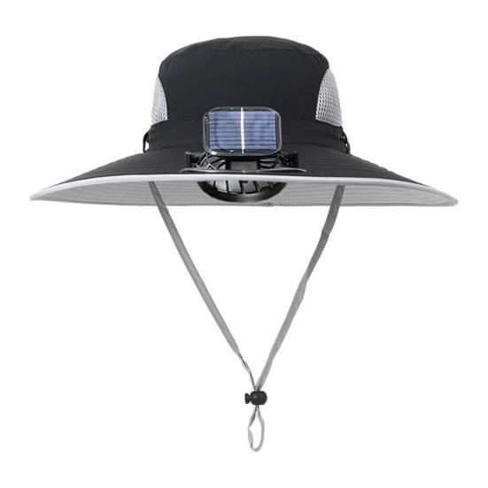 Men Outdoor Hat with Detachable Solar Fan Large Brim Windproof Strap USB Charging Anti-UV Sunlight Protection Hollow Mesh Great Breathability
