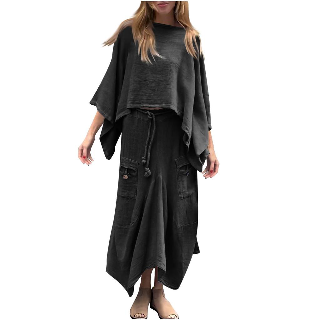 Женский модный цветной топ с круглым вырезом и длинным рукавом, свободная юбка, повседневный комплект из двух предметов