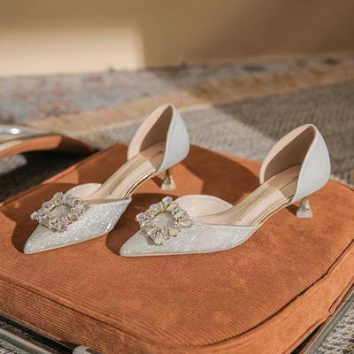 Модная женская весенняя новинка, туфли-лодочки на высоком каблуке с квадратной пряжкой из пайеток, с открытым верхом, дышащие