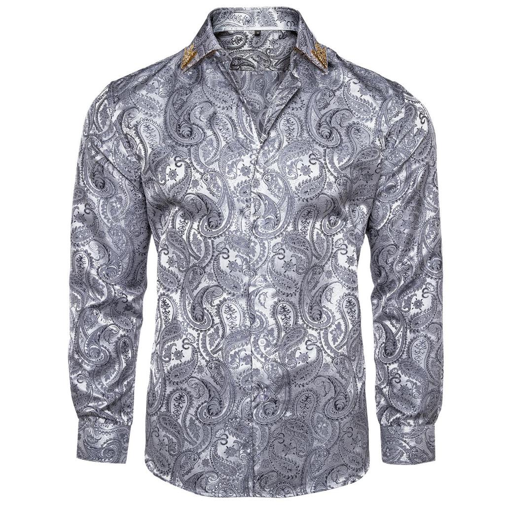 Mens Long Sleeve Shirt Black Design Casual Shirt Silk Paisley Shirt Collar Pin Luxury Mens Fashion