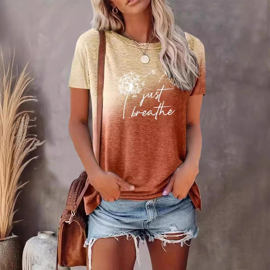 Summer Gradient Dandelion Pattern Printed Women's T-shirts Fashionable Street Round Neck Straight Tube Short Sleeved Top
