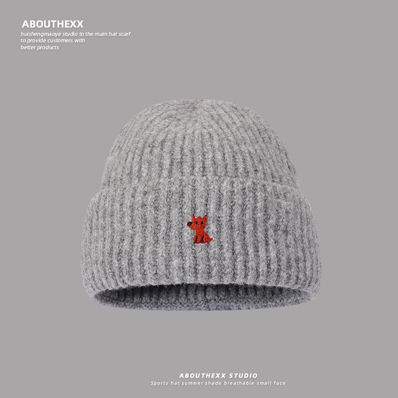 Autumn and Winter Warm Knitted Hats for Men and Women Korean Style Small Fox Embroidered Loose Big Head Circumference Woolen Hat Ins Trend