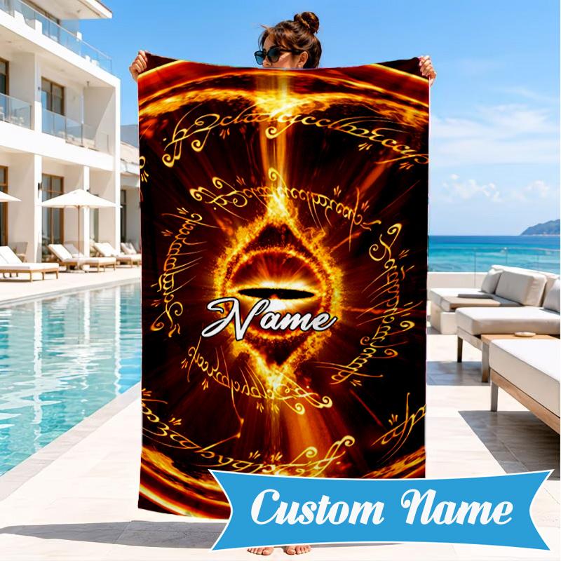 Custom Name Flame Sword: Lord Battle Heart In Space Adventure Microfiber Beach Towel, Lightweight for Summer Travel, Swimming Pool Fan Gift