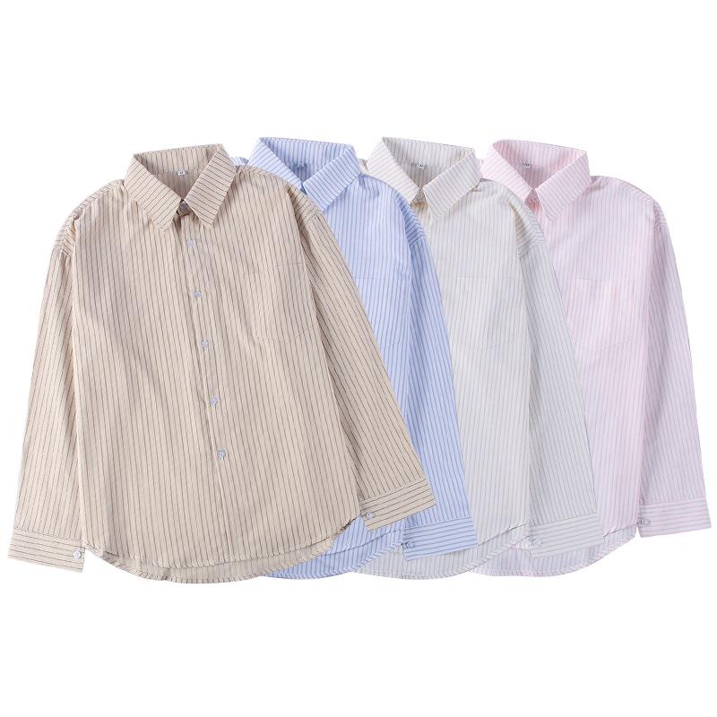 Women's Long Sleeve Shirt Turn‑Down Collar Preppy Style Striped Blouse Loose Fit Cotton Button‑Down JK Uniform Top For Autumn