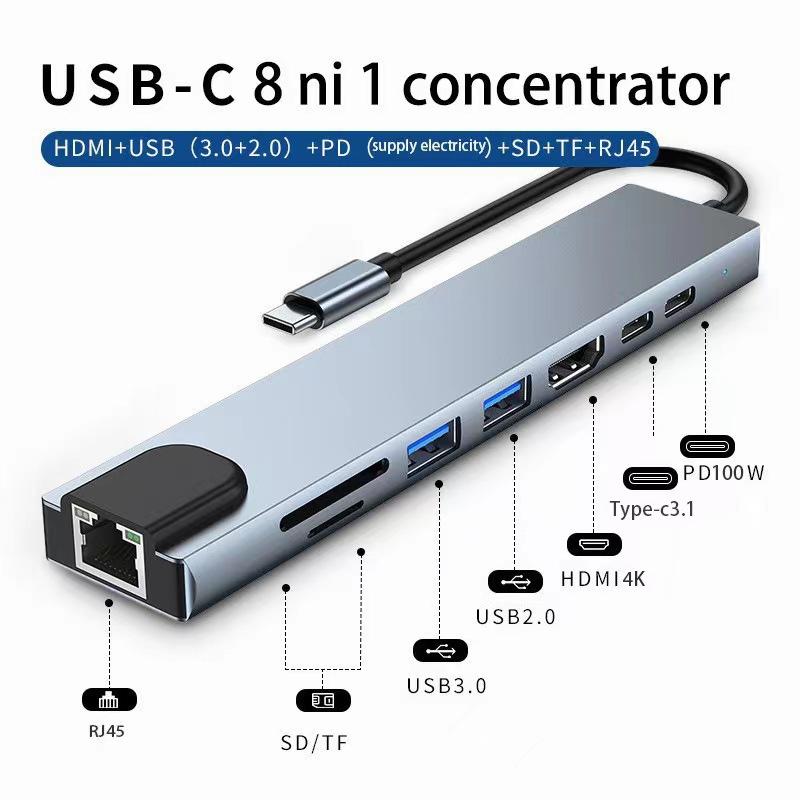 8 in 1 Type-C Hub RJ45 LAN USB-C to HDTV SD/TF USB 3.0 PD Docking Station