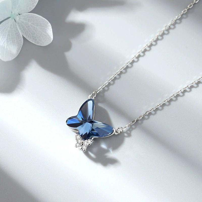 925 Sterling Silver Blue Crystal Butterfly Pendant Necklaces for Women Elegant Daily Wear Silver Necklace Jewelry Gift