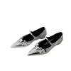 Pointed Silver Sequined Flower Mary Jane Women's Shoes One-word Buckle with Shallow Mouth French Inner Height Increase Single Shoes 2025 New