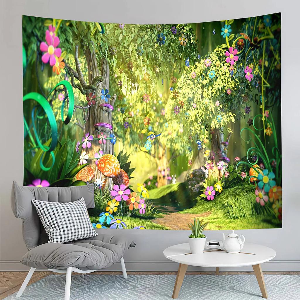 Fairy Tale Forest Tapestry Full Moon Night Red Mushroom Living Room Bedroom Dormitory