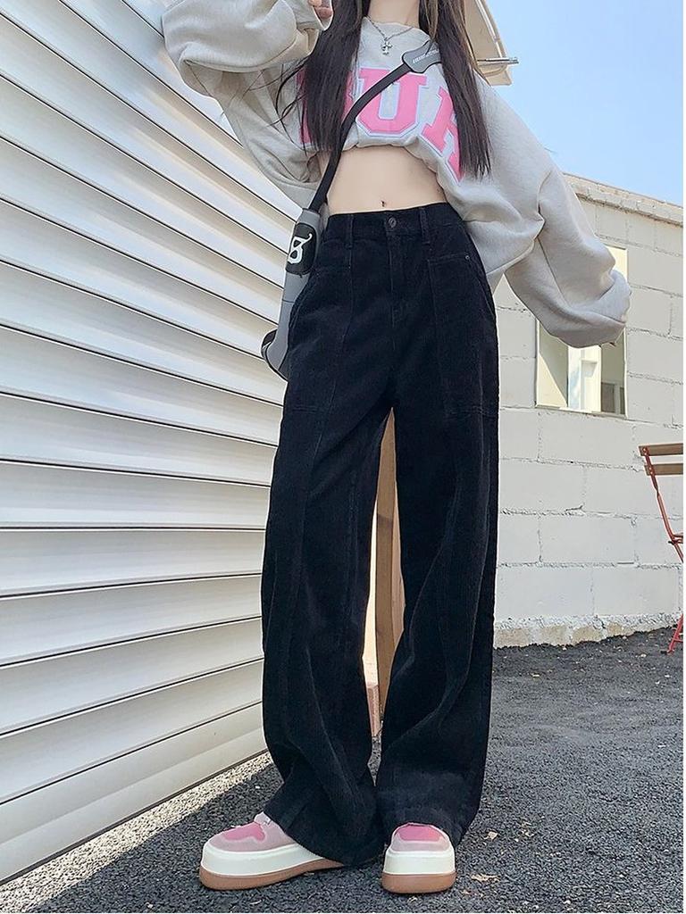 Вельветовые брюки в стиле ретро, ​​коричневые, осенне-зимние, широкие брюки-«ножи» для женщин, высокие, с высокой талией, длинные леггинсы.