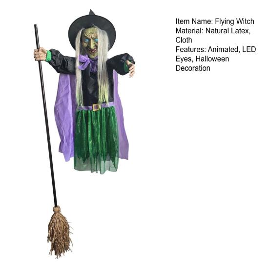6 FT Halloween Flying Witch Decor Animated Hovering Witch with Scary Sound And Light-up Eyes for Outdoor Garden Yard Lawn Decoration