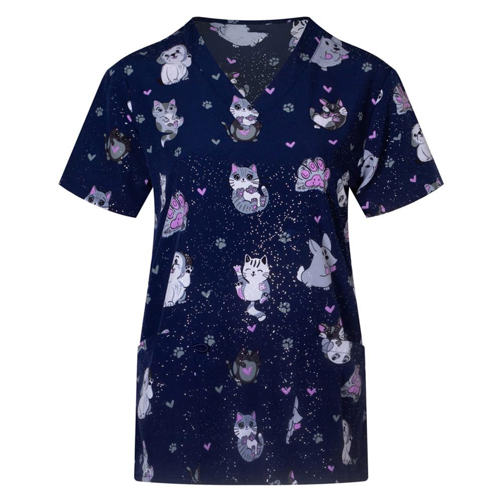 Женские топы с короткими рукавами и карманами, рабочая униформа, футболки с принтом «Цветок и кошка», униформа, халаты с короткими рукавами для женщин