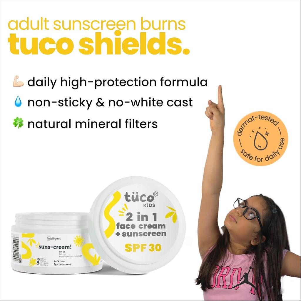 TuCo ® Kids 2 в 1 Крем для лица + Солнцезащитный крем для всех типов кожи SPF 30 С шафрановым маслом Для детей | Возраст 2-5, 5-10, 10-15 | UVA/UVB PA++++| 50 г
