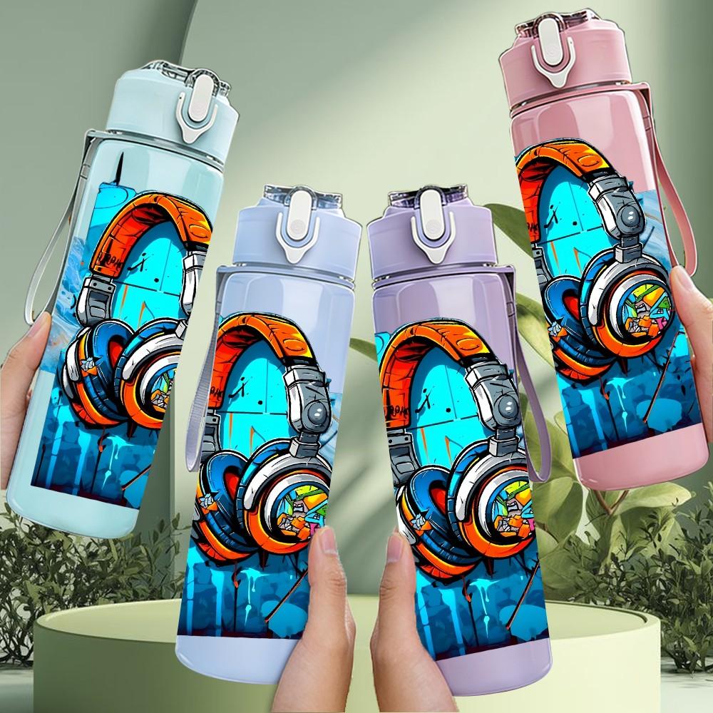 1PC Headphone Blue Tech Graffiti Style Art 750ml Color Plastic Sports Water Bottle Leakproof Flip Straw Lid Suitable for Sports Office Home Use