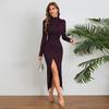 Autumn Fashion Ethos Medium High Neck Pleated Slit Slim Long-sleeved Dress Woman