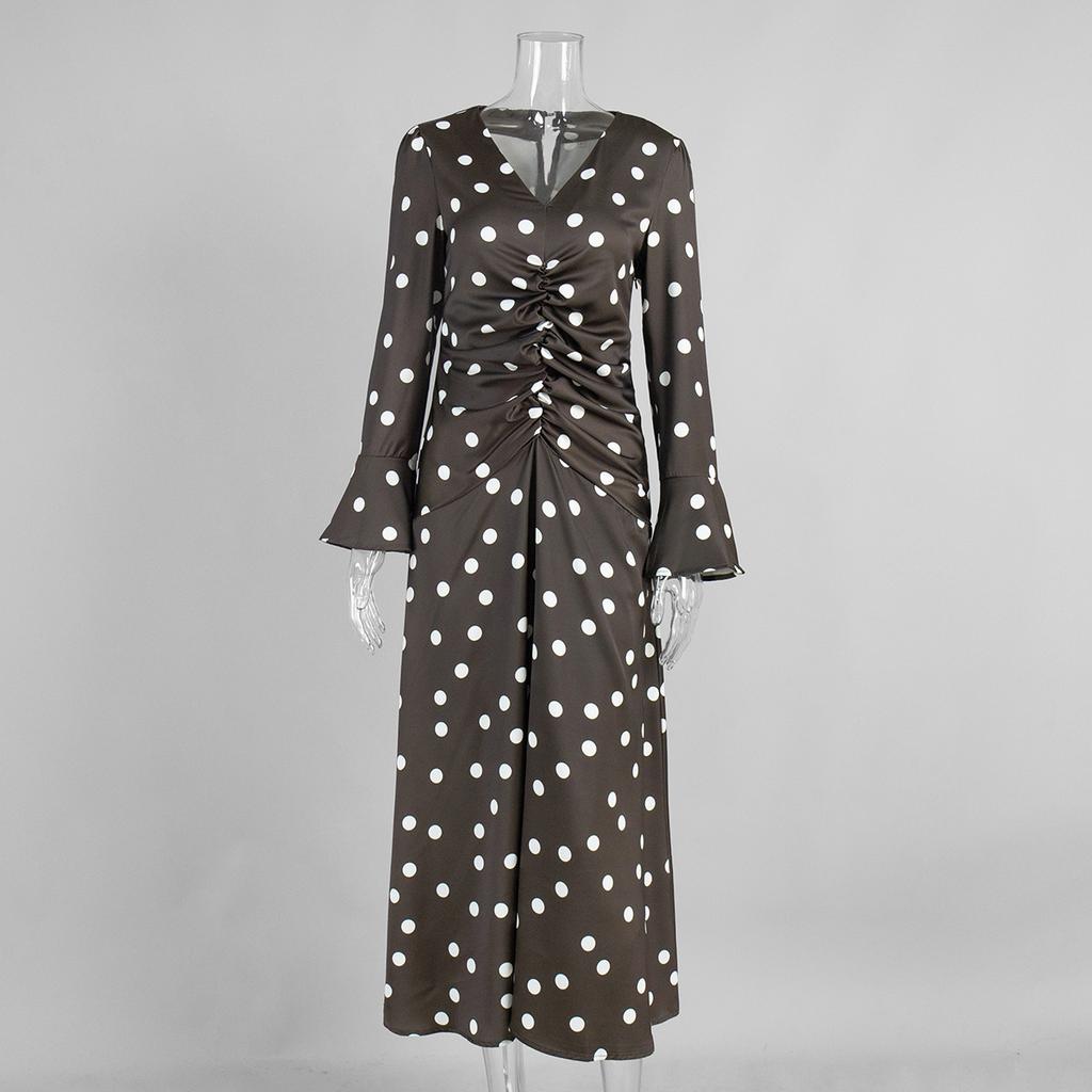 Платье с длинным рукавом в горошек, летнее новое женское платье в европейском и американском стиле, плиссированное, с V-образным вырезом, расклешенным рукавом, с поясом