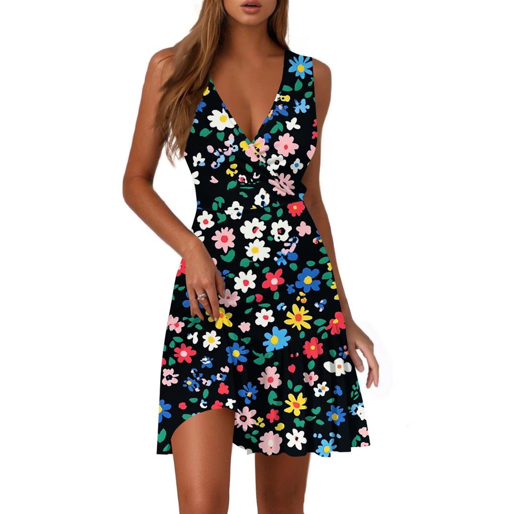 Ladies Casual Fashion V-Neck Sleeveless Print Dress