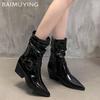 Chunky Pointed Toe Women Ankle Boots Fashion Leather Mid Heels Sexy Shoes  Trend Winter Designer New Pumps Goth Botas Mujer