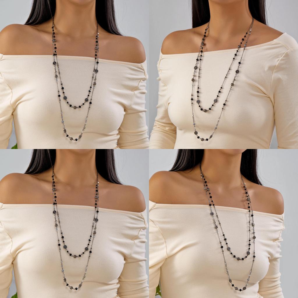 Trendy Double Chain Floral Pendant Necklace For Women Long Layered Summer Accessory