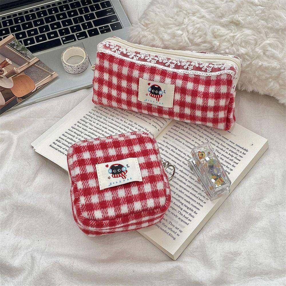 Plush Plaid Storage Bag Cute Stationery Storage Pouch Office/School Supplies