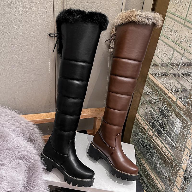 Женские длинные сапоги на высоком каблуке, новые зимние теплые зимние сапоги, большие плюшевые женские сапоги из однотонной кроличьей шерсти