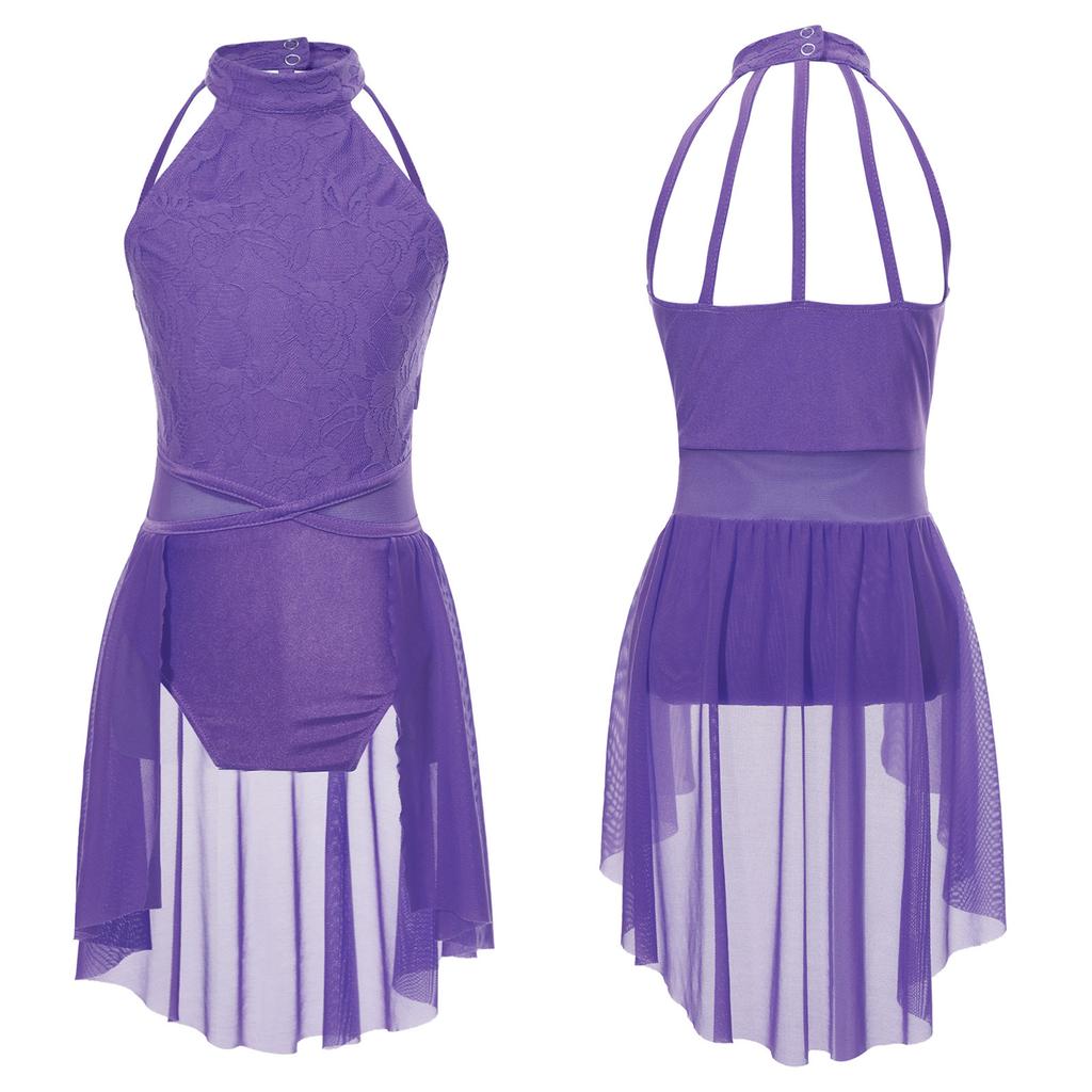 Девочки Кружевной Цветочный Танцевальный Купальник Без Рукавов Круглый Вырез Полая Спина Лоскутный Дизайн Неровный Подол Боди с Открытой Передней Частью