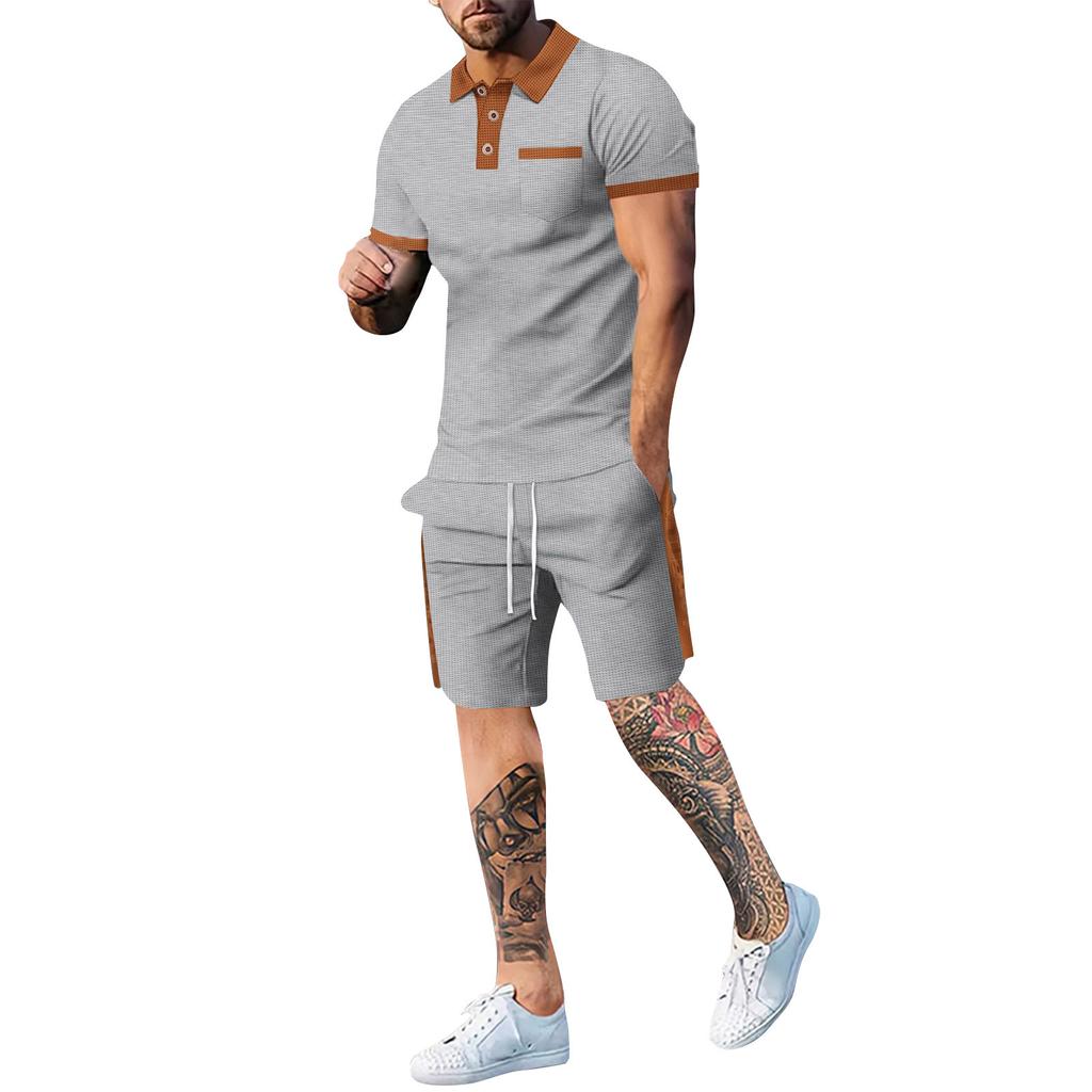 Мужские повседневные шорты с короткими рукавами и пуговицами с лацканами, комплект из двух предметов