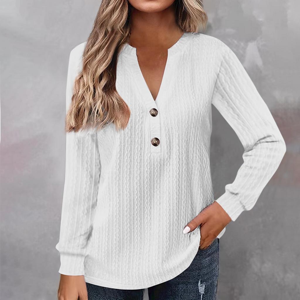 Women's Fashion Long Sleeve Solid Colour V-Neck Button T-Shirt Printed Casual Top