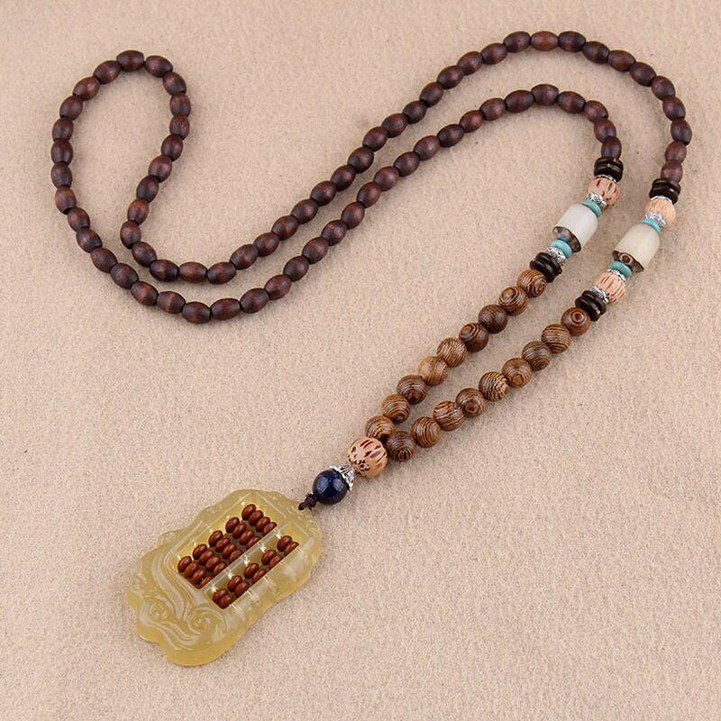 Boho Wooden Bead Ethnic Style Pendant Necklace Women Long Sweater Chain Jewelry Accessories