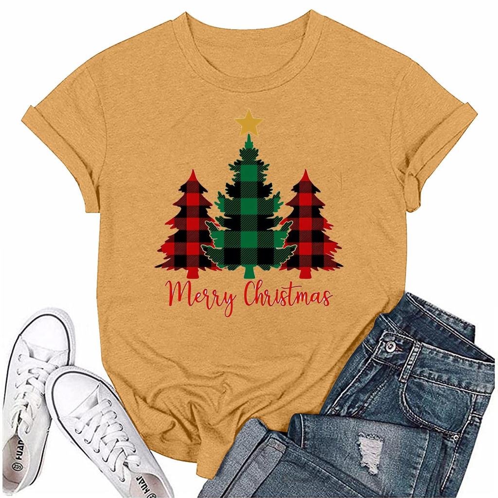 Женский повседневный рождественский принт с короткими рукавами и круглым вырезом, свободный пуловер, топ