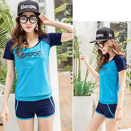 Женский купальник для фитнеса Teddy, набор из 3 предметов с танкини и раздельным верхом, рашгард с коротким рукавом и шорты, спортивный стиль hys1207-A (Синий, размер L (9))