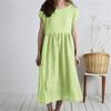 Medium Length Skirt, Round Neck, Short Sleeved Solid Color, Loose Casual Cotton and Linen Dress for Women