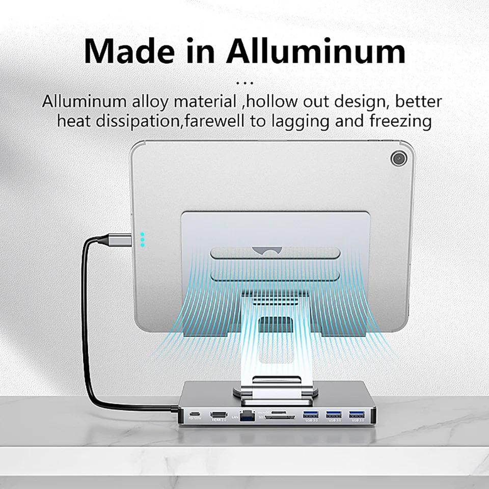 9 в 1 док-станция типа C, держатель планшета, USB C HUB 4K60Hz HDMI USB3.0 5 Гбит/с 1000 Мбит/с Ethernet, подставка для передачи данных для ПК, ноутбука