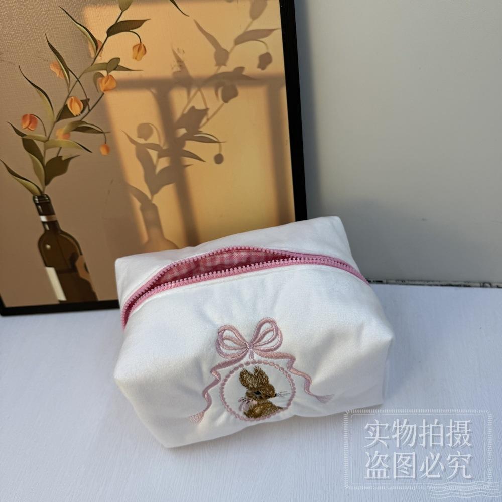 White Pink Zipper Closure Travel Toiletry Bag Women Girls Rabbit Cosmetic Bag Lace Bow Large Capacity Makeup Organizer