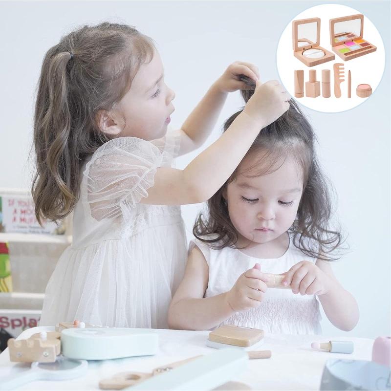 Wooden Makeup Toy Set For Kids Lipstick Eyeshadow Blush Pretend Play Cosmetics Kit