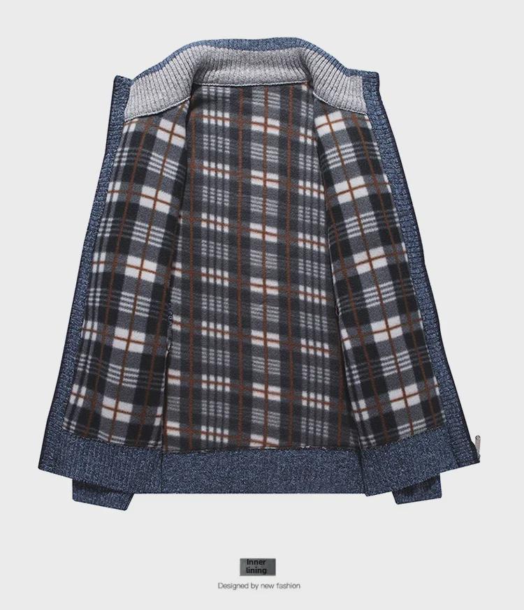 Men's Autumn/Winter Plus Velvet Zipper Knitted Cardigan Jacket with Stand Collar and Solid Color