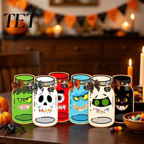 Handmade Craft Decorative Props 9 Pcs Halloween Mason Jar Candy Bags with Cards, Trick or Treat Pumpkin Skeleton Vampire Holder Card, Classroom Goodie