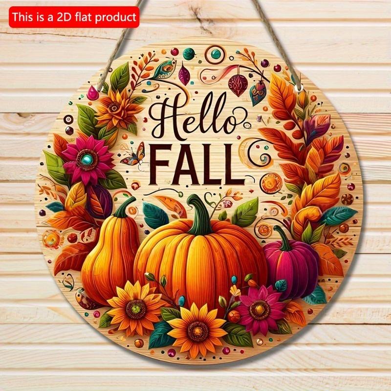 2d Flat 20*20cm, Autumn Home Decoration, "hello Fall", Wooden Welcome Circular Creative Decoration Logo, for Home, Kitchen, Garden, Bedroom, Bar Decor