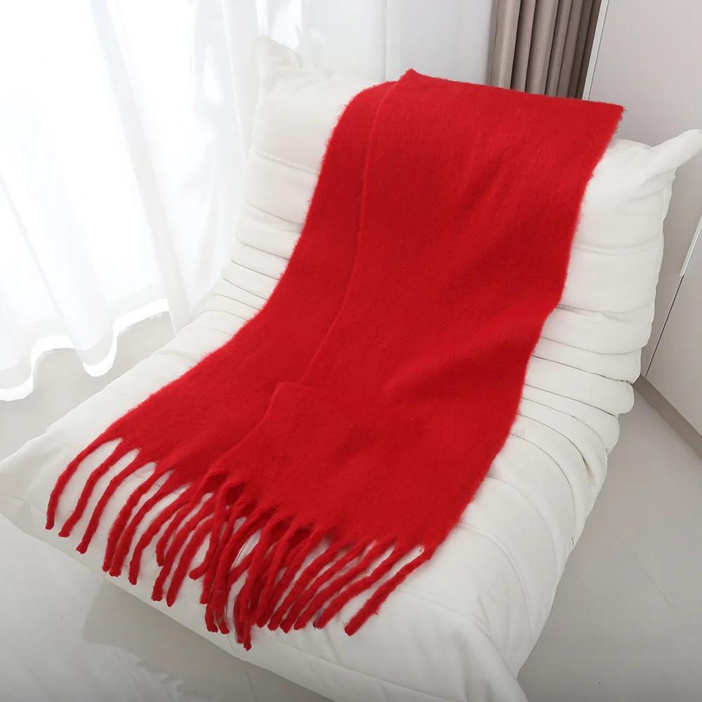 Thickened Extended Solid Color Scarf Women's Autumn Winter Korean Style Angora Student Shoulder Wrap Neck Warmer Pink Macaron