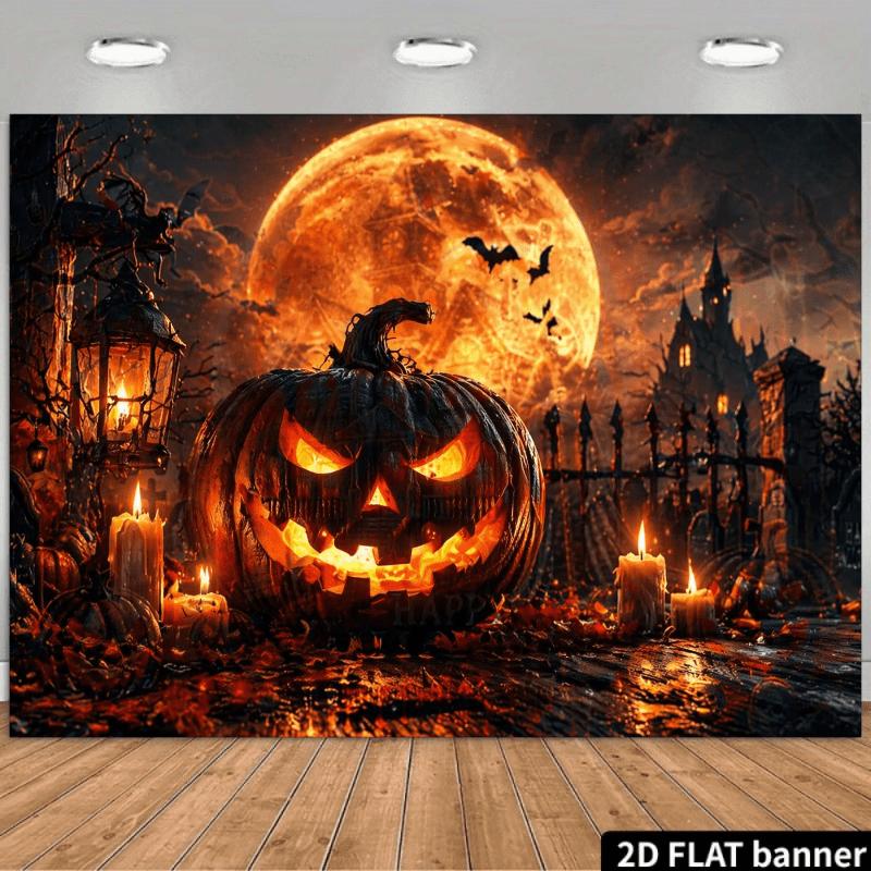 2D flat Halloween themed party banner background with dark pumpkin head theme, suitable for indoor and outdoor Halloween themes