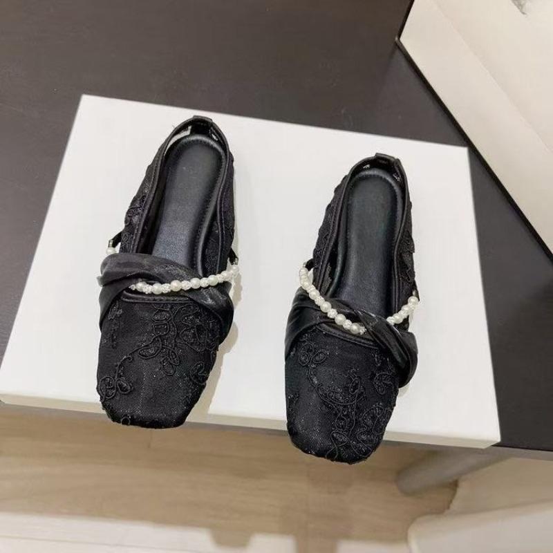 Fashion Fashion Baotou Slippers Summer New Square Toe Shallow Mouth Beaded Soft Sole Non-slip Wear-resistant Flat Shoes