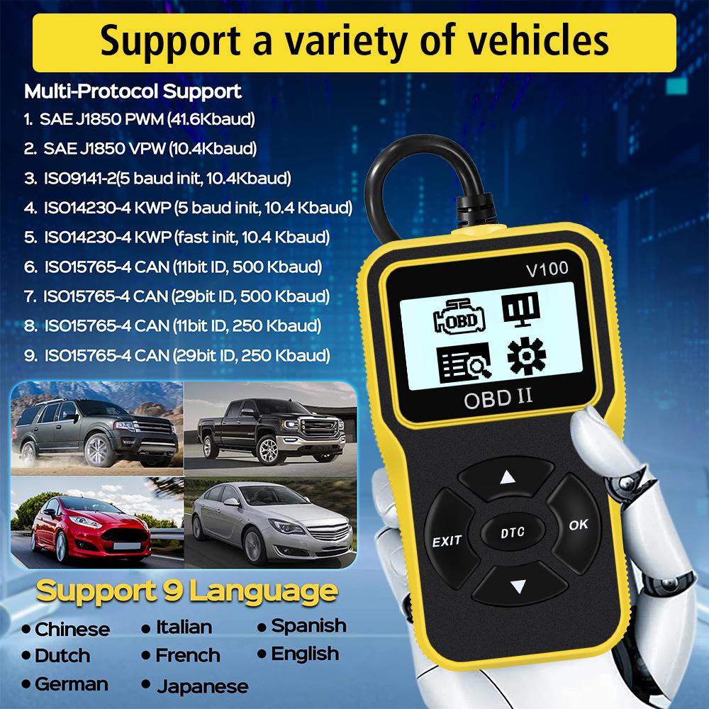 OBD 2 Scanner OBD2 Code Reader OBDII EOBD Universal 16 Pin Engine Diagnostic Instrument V100 Digital Display Car Accessories Car Diagnostic Tools
