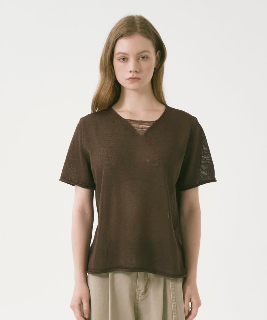 OCCUR Cooling Linen Lyocell Blended V-Neck Short Sleeve Knit, Brown