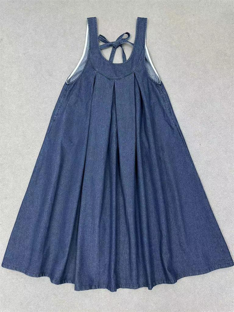 Johnature Japanese Denim Strap Dresses Autumn Loose Casual Lace Layered Sleeveless Casual Vest Dresses