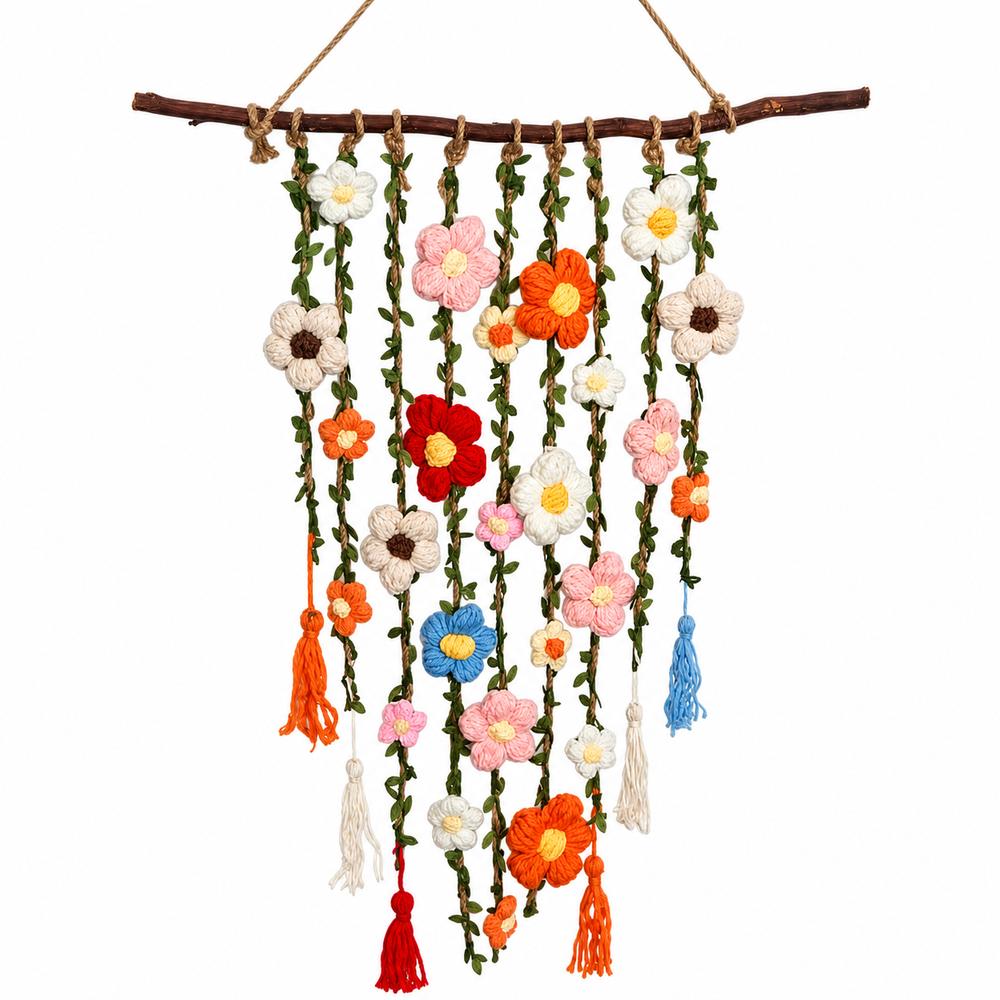 Wooden Branch Crochet Wall Hanging Yarn Floral Tapestry Macrame Wall Hanging Living Room Decor