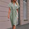 Весенне-летняя мода, однотонное элегантное платье, женское повседневное платье с коротким рукавом и высокой талией, женское повседневное платье с v-образным вырезом, офисные женские тонкие женские платья 24501