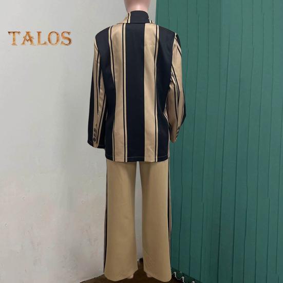 2 шт./комплект женский деловой пиджак брюки комплект с длинными рукавами цветной полосатый кардиган с лацканами средней длины пиджак расклешенные брюки с высокой талией формальные