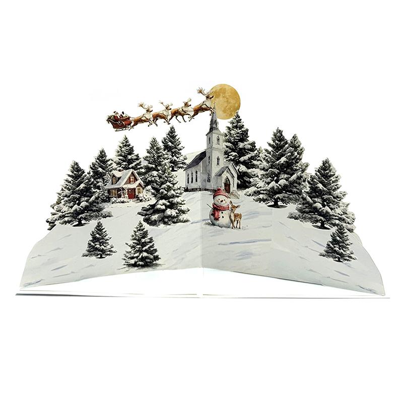 3D Рождественская открытка Сцена «Ночь перед Рождеством» с Сантой, оленями, заснеженной деревней и лунным небом Праздничная поздравительная открытка F