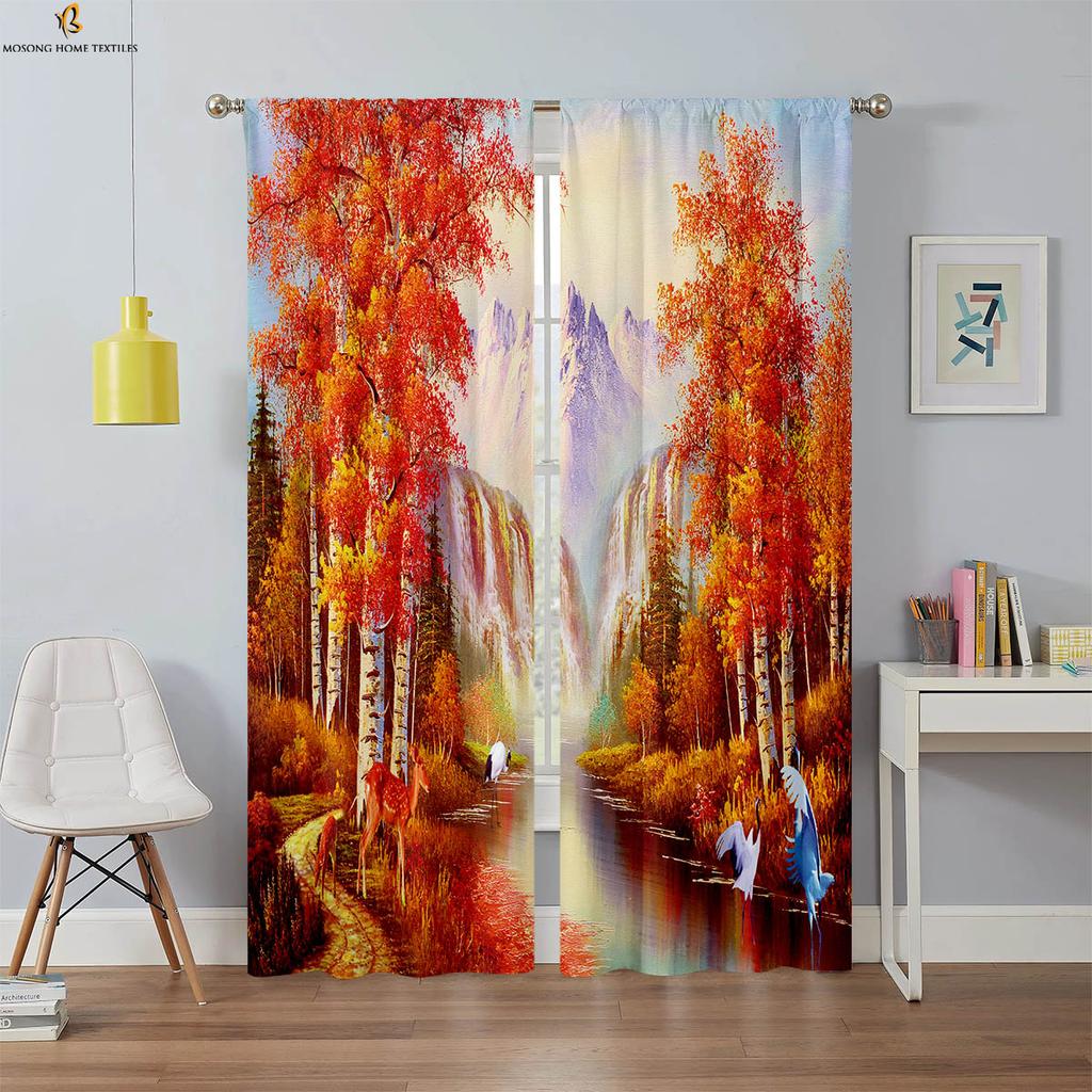 2 шт. плотных штор, пейзаж, картина маслом, 3D-печать, шторы, высококачественные, черные, шелковые, винтажные, декоративные шторы