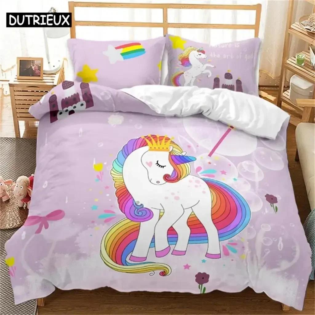 Luxury New 3D Print Colorful Luminous Unicorn Print Bedding Set Cartoon Animal Pattern Duvet Cover Bedroom Decor For Girls Gift
