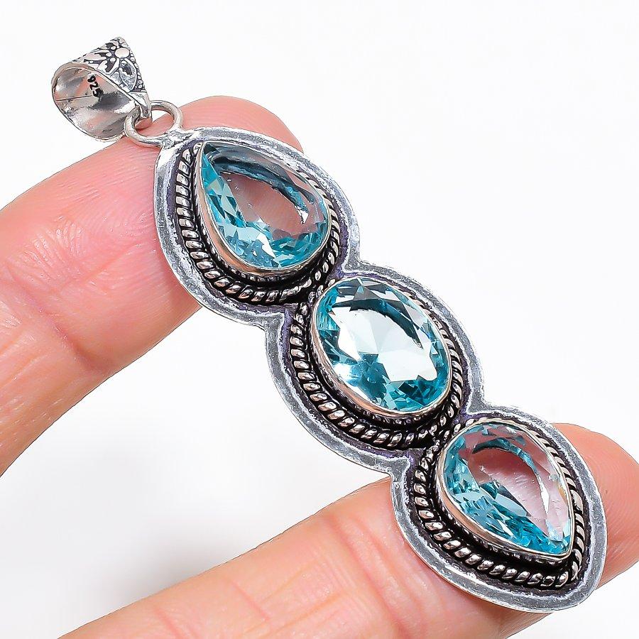 Swiss Blue Topaz Gemstone 925 Sterling Silver Jewelry Pendant 2.76" KJ-106